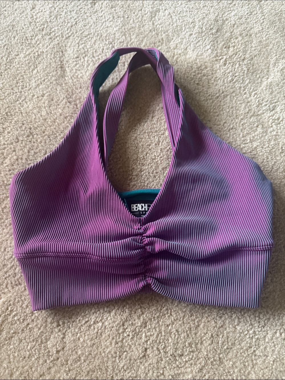 Beach Riot Ribbed Ruched Halter Sports Bra in Purple